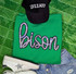 Bison Sequin Patch, colorful embroidered patch spelling 'Bison' with multicolored sequins on a green sweatshirt.
