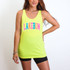 Lake Bum Colorful DTF Heat Transfer, vibrant yellow sleeveless tank top with bold, colorful 'LAKEBUM' graphic print, worn by a smiling woman.