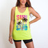 Sun Salt Sand Palm Trees DTF Heat Transfer, a neon yellow tank top with a graphic design of a sunset, palm trees, and the words 'Sun Salt Sand'.