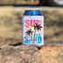 Sun Salt Sand Palm Trees DTF Heat Transfer, a colorful design featuring palm trees, sunset, and ocean waves on a white can cooler.