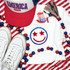 Red and Blue Checkered Happy Face Fluffy Patches, multi-colored patriotic themed accessories including a smiley face patch, earrings, and a hat with American flag elements.