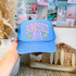 Sunkissed Coquette DTF Heat Transfer, blue trucker cap with pink and green tropical design and text
