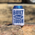 Built Dad Tough DTF Heat Transfer, a can cooler with blue and white text design on white fabric.