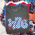 Retro 1776 DTF Heat Transfer, colorful checkered number 1776 design on a gray T-shirt with stars and patriotic background.