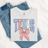 Shabby Patriotic Bow - Pick Your State DTF Heat Transfer, graphic of Texas state with a red and white checkered bow and patriotic star and flag patterns.