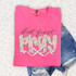 But First Pray Coquette DTF Heat Transfer, pink t-shirt with floral patterned word 'Mom' and ribbon graphic.