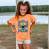 Dotted Graffiti Mascot DTF Heat Transfer, colorful bear mascot design on a young girl's orange T-shirt with stars in its eyes and the word Bearcats.