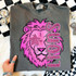 Pink Glitz Mascot DTF Heat Transfer, pink lion face with glittery star eye and bold pink glitter text reading 'LIONS' layered over the lion's face.