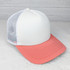Ivory Sherbert Floral Foam Trucker Hat, white front panel with mesh side and a coral pink brim.