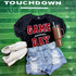 Game Day with Silicon Laces Patch - 10 Colors, casual sports-themed outfit including a black and red "Game Day" sweatshirt, distressed denim shorts, white sneakers, and a brown tumbler with a straw, laid out on a green football field background.