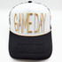 GAME DAY Puff Embroidered HAT/POCKET Patch - Various Colors, black and white trucker cap with gold embroidered 'GAME DAY' patch on front