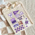 Matchbox Sports Team Collage DTF Heat Transfer, purple and white themed sports team collage design with TCU logos, tickets, a team mascot, and decorative elements on a beige T-shirt.