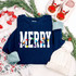 White Merry With Lights DTF Heat Transfer, Christmas-themed design on a navy blue sweatshirt with string of colorful holiday lights.