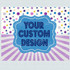 Custom DTF Transfers - INDIVIDUAL SIZES, colorful product label with decorative patterns and space for custom design.