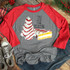 Tis' The Season Christmas Cake Screen Print Heat Transfer, festive gray and red baseball-style shirt with Christmas cake design and holiday message.