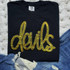 Devils Gold Sequins Patch, black T-shirt with gold sequins embroidered 'thanks' text design.