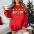 But I Do Sweater Pattern DTF Heat Transfer, women wearing a red sweatshirt with a Christmas design and the text 'But I Do' in front of a decorated Christmas tree.