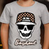Checkered Boyhood Skull DTF Heat Transfer, T-shirt design featuring a skull wearing a checkered cap and sunglasses with the word boyhood in stylized font.