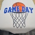 Basketball Game Day Fluffy and Glitter Patch, embroidered patch featuring a basketball and a hoop with the text 'Game Day' in blue, sparkling glitter design, suitable for sports apparel and accessories.