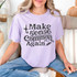 Make Sense Common Again DTF Heat Transfer, a woman wearing a purple t-shirt with black text and decorative elements.