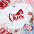 Cheer Fluffy Chenille Patch, white sweatshirt with red glittery cheer theme design.