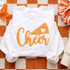 Cheer Fluffy Textured Patch - 4 Colors, white sweatshirt with orange fluffy textured cheer patch and text design.