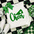 Cheer Fluffy Chenille Patch, white sweatshirt with green glittery cheer theme design.