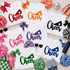 Cheer Fluffy Textured Patch - 7 Colors, colorful embroidered cheer patches on white sweatshirts with polka dot ribbons and pom-poms for cheerleading.