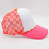 Neon Pink, Orange & White Checkered Foam Trucker Hat, featuring a vibrant checkered mesh back and a solid neon pink front panel with an orange trim.