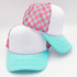 Neon Pink, Aqua & White Checkered Foam Trucker Hat, stylish and colorful baseball cap with neon pink checkered pattern on the front and a bright aqua bill.