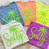 Salty Fluffy Patch, colorful embroidered T-shirts with palm tree and 'Salty' text designs in blue, orange, yellow, white, and purple colors.