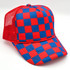 Red & Royal Blue Checkered Foam Trucker Hat, a stylish baseball cap featuring a bold red and blue checkered pattern with mesh back design for ventilation.