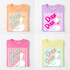 Duck Duck Goose DTF Heat Transfer, colorful cartoon duck with striped background on folded pastel-colored t-shirts.