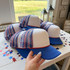 Patriotic Stripes Foam Trucker Hat, white and blue trucker hats with patriotic stripe pattern and curved blue brim.