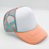 Peach, Mint, & White Checkered Foam Trucker Hat, stylish cap with pastel peach brim, white front panel, and checkered mint and peach mesh back