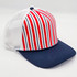 Navy & Red Stripe Structured Cotton Trucker Hat – Fully Adjustable Boutique Blank Cap, featuring a navy brim, white mesh sides, and a red and white striped front panel.