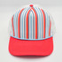 Red, White, & Blue Stripe Structured Cotton Trucker Hat – Fully Adjustable Boutique Blank Cap, front view showing colorful striped crown and red curved brim.