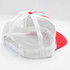 Red, White, & Blue Stripe Structured Cotton Trucker Hat – Fully Adjustable Boutique Blank Cap, with a mesh back and a red brim.