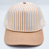 Neutral Stripe Structured Cotton Trucker Hat – Fully Adjustable Boutique Blank Cap, beige and white striped fabric on the crown, beige brim, and adjustable mesh back.