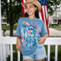 Brushstroke Lady Liberty DTF Heat Transfer, vibrant artistic depiction of the Statue of Liberty blowing a bubble gum bubble with colorful brushstroke style.