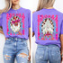 Guess What? Chicken Butt FULL SET DTF Heat Transfer, colorful cartoon chicken with pink heart-shaped glasses on purple T-shirt.