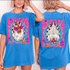 Guess What? Chicken Butt FULL SET DTF Heat Transfer on casual blue T-shirts featuring a cartoon chicken wearing pink sunglasses with the phrase 'Guess What?' on the front and 'Chicken Butt' on the back, colorful and playful design.
