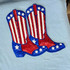 Oversized patriotic cowboy boots sequin patch with red, white, and blue rhinestone detailing designed for boutique apparel, graphic tees, and western fashion collections.