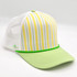 Citrus Stripe Structured Cotton Trucker Hat – Fully Adjustable Boutique Blank Cap, a stylish cap with yellow, green, and white striped front panels, a light green curved brim, and a white mesh back for breathability.