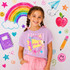 Preppy Grade Pennant DTF Heat Transfer, colorful girl wearing a purple T-shirt with a decorative school-themed design, surrounded by hand-drawn rainbow, stars, smiley faces, and school items on a white background.