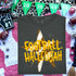 Football Hallelujah DTF Heat Transfer, graphic design on dark gray t-shirt with star and lightning bolt, bold yellow text reading 'Football Hallelujah', surrounded by sports-themed decorations and vibrant backgrounds.