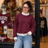 Blank Mockneck Sweatshirt — Preorder | Multiple Colors, woman wearing maroon mockneck sweatshirt with white cuffs and collar, casual indoor setting.