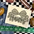 Camo Bow School Mascot DTF Heat Transfer, camo bow design with the word Thanks in cursive, suitable for sports and school spirit apparel.