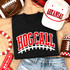 Hog Call Football Laces Embroidered Chenille Patch, featuring red and white embroidery on black fabric.