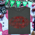Football Doodle CHOOSE YOUR COLOR DTF Heat Transfer, football-themed red doodle design on a dark gray T-shirt.